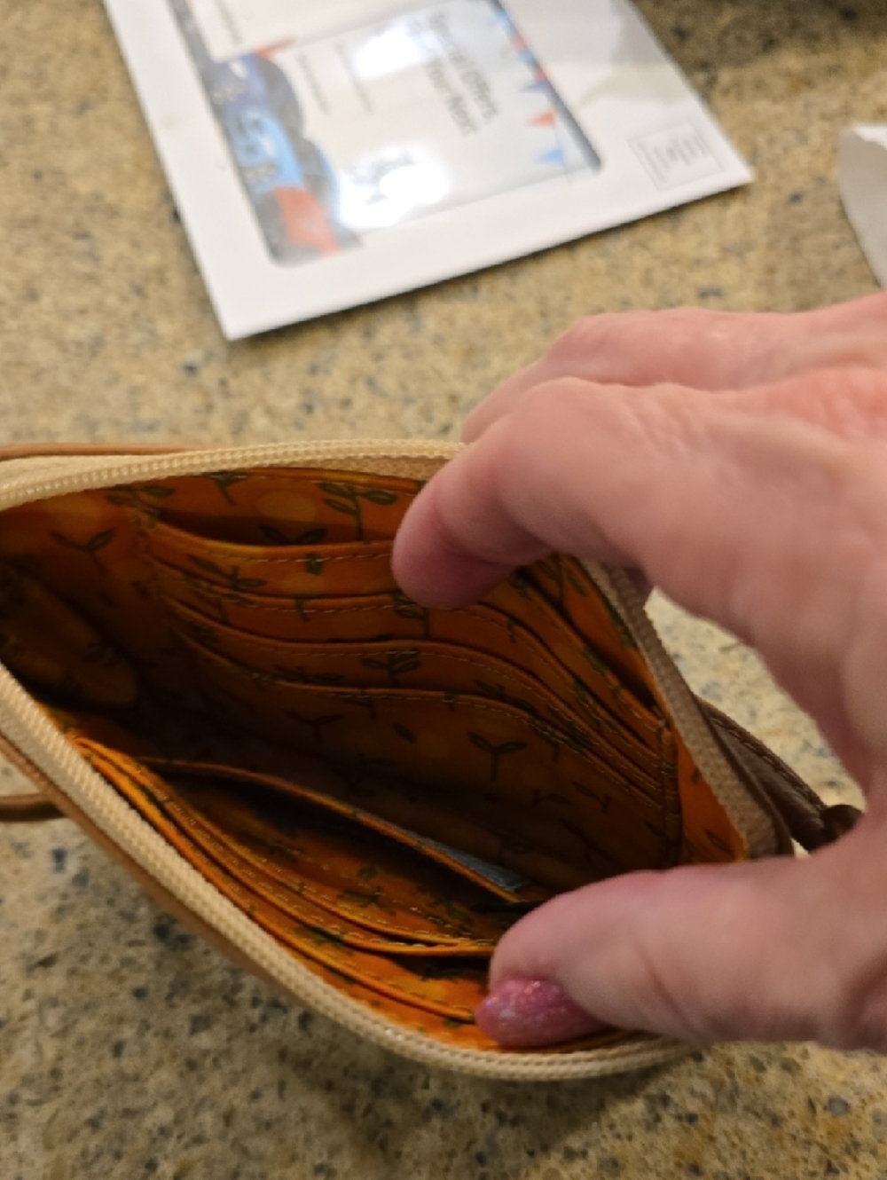 Fossil Tan Wallet with Blue Trim and Orange Accents - Picture 5 of 6